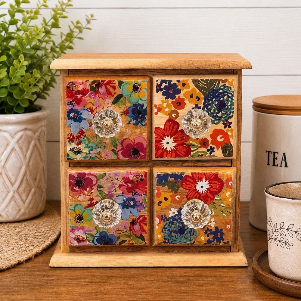 The Pioneer Woman Floral 4 Drawer Apothecary Spice Tea Coffee Storage Box Wood